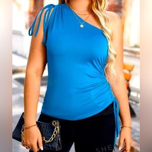 Drawstring Detail One Shoulder Top || Size 2XL (16) || Blue